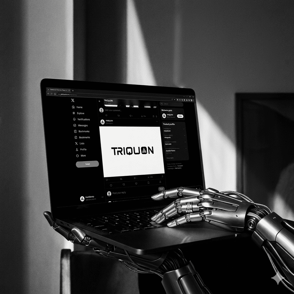 Robot scrolling on Triquon social media